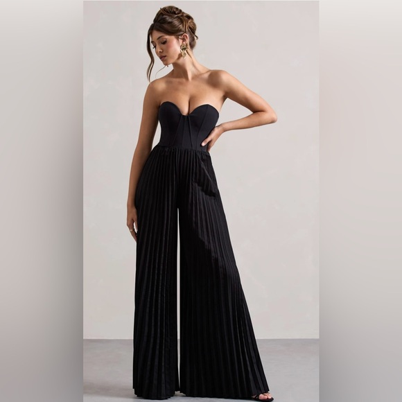 Club L London Lorelei black corset plisse wide leg jumpsuit Size S - Picture 5 of 5